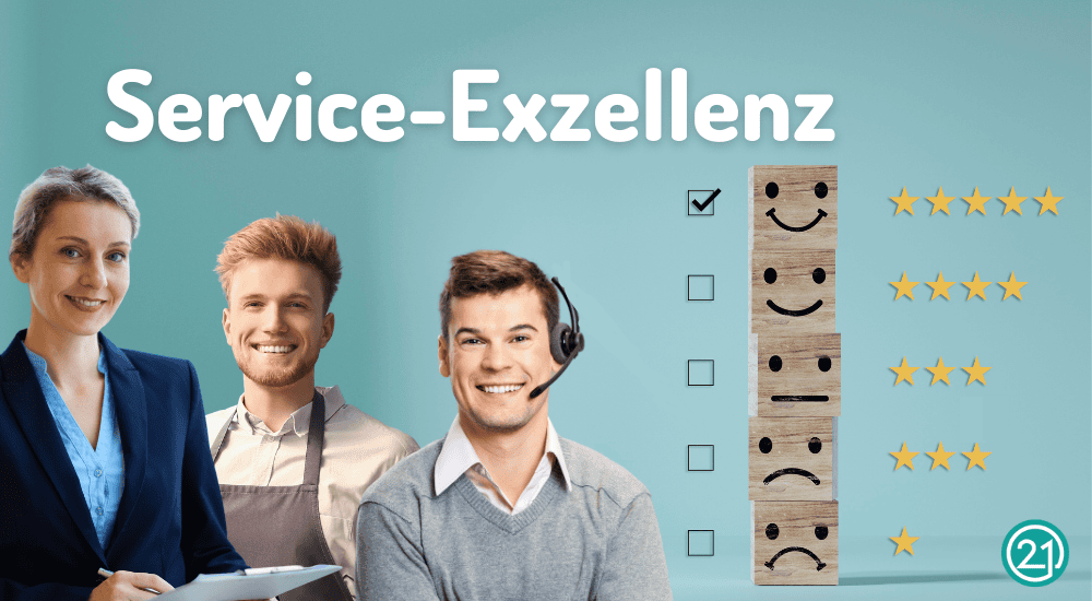 Ein Callcenter-mitarbeiter, eine Verkäuferin und ein Kellner lächeln zu uns. Im Hintergrund gibt es eine fünf Sterne Bewertung für die Service Qualität